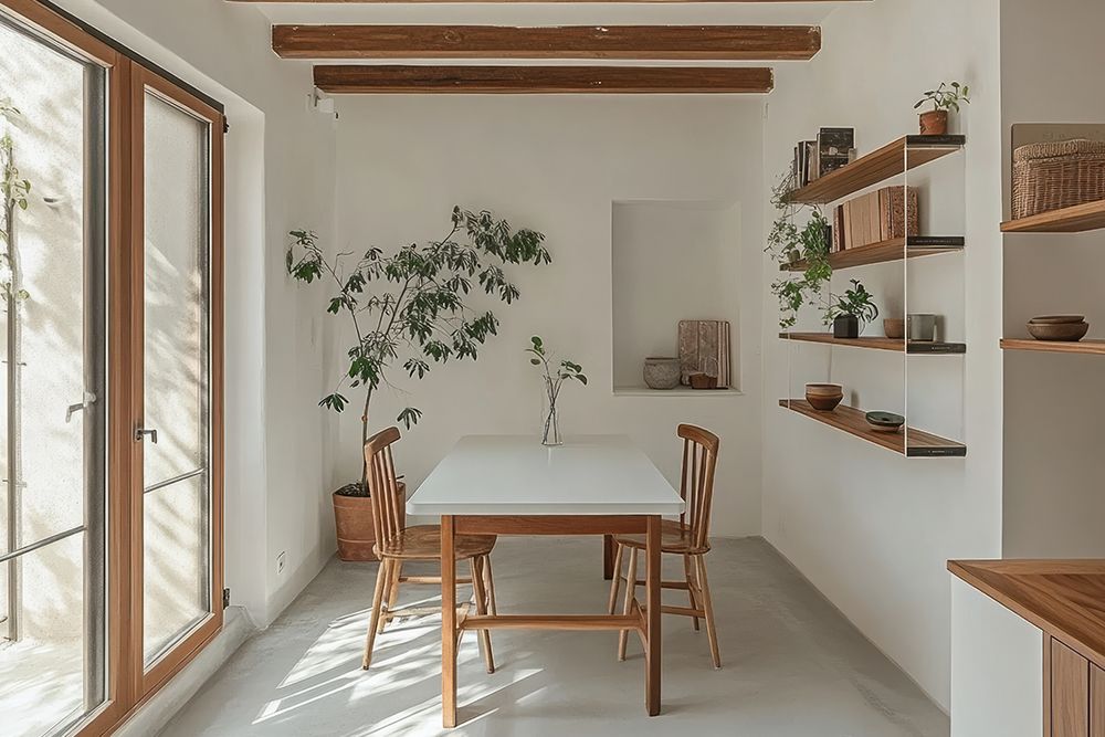 Open shelving creates an illusion of space in small dining rooms