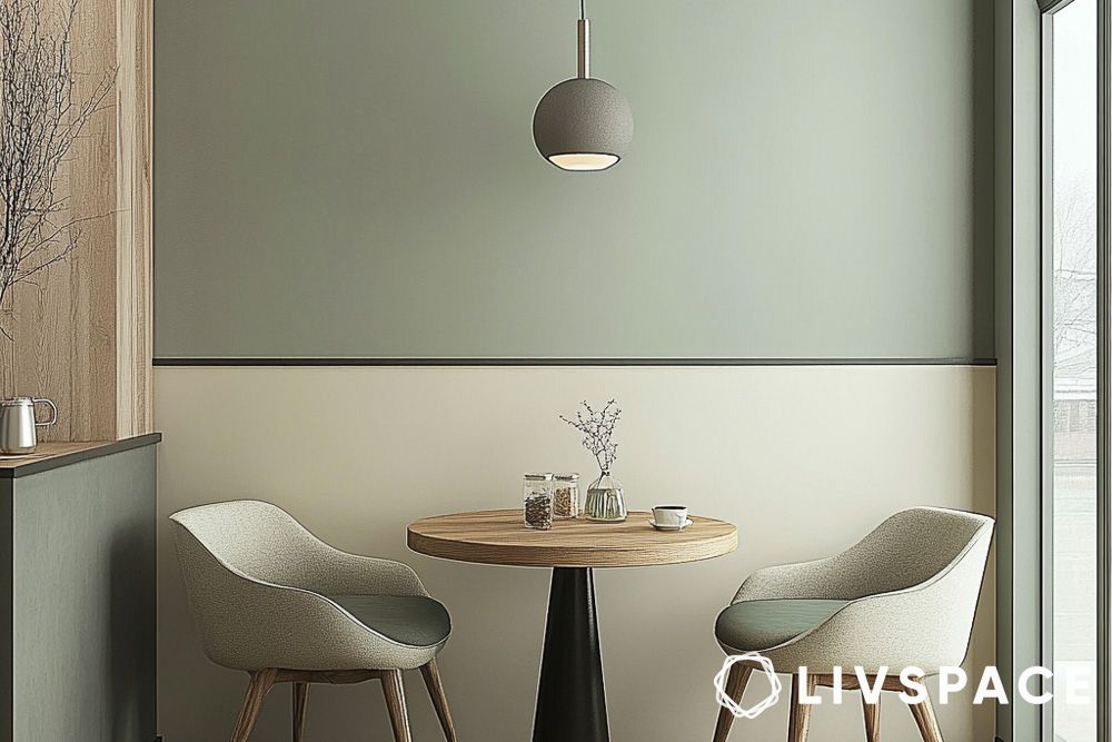 Light sage green and cream wall colours for small dining room designs