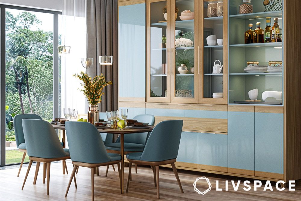 Light colours such as sky blye and beige can visually expand a small dining room design