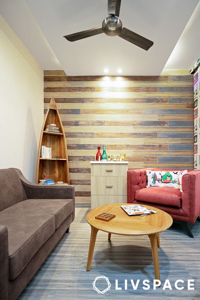 a canoe shaped shelf in a corner