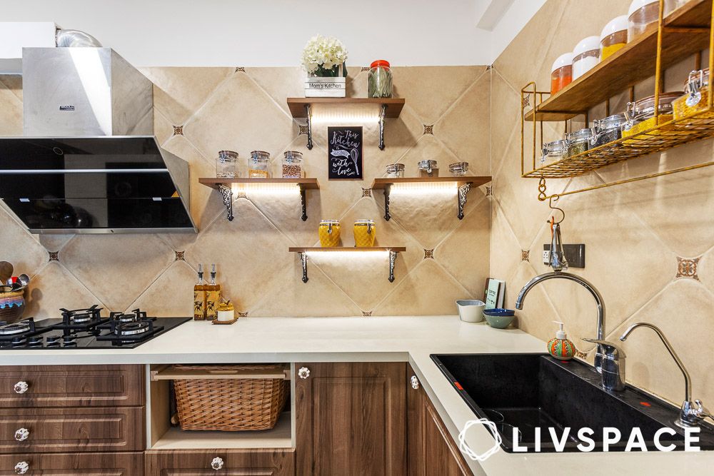 bracket shelves with lighting in kitchen