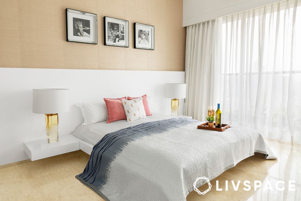 floating shelves being used as bedside tables