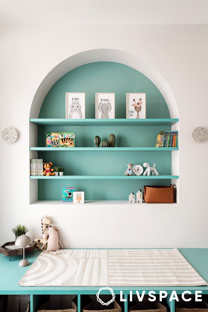 decorating floating shelves ideas in teal coloured nooks