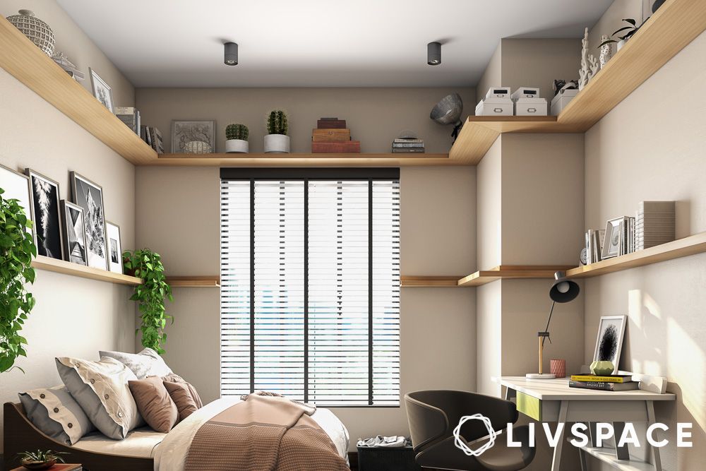 decor items displayed on mid and high wall shelves