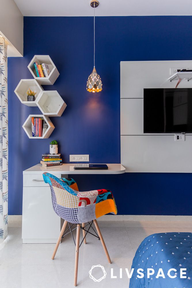 hive shaped living room floating shelves decor ideas
