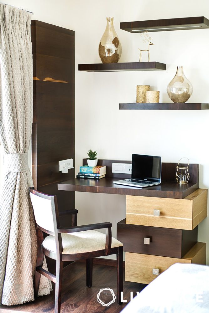 floating wood wall shelves in study room
