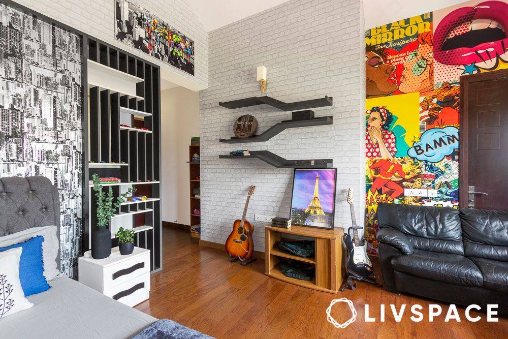 asymmetric floating shelves in kids bedroom