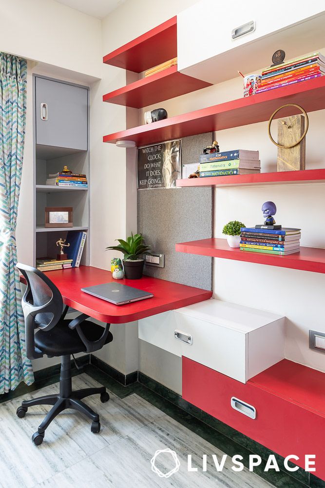 colourful shelves in a study room