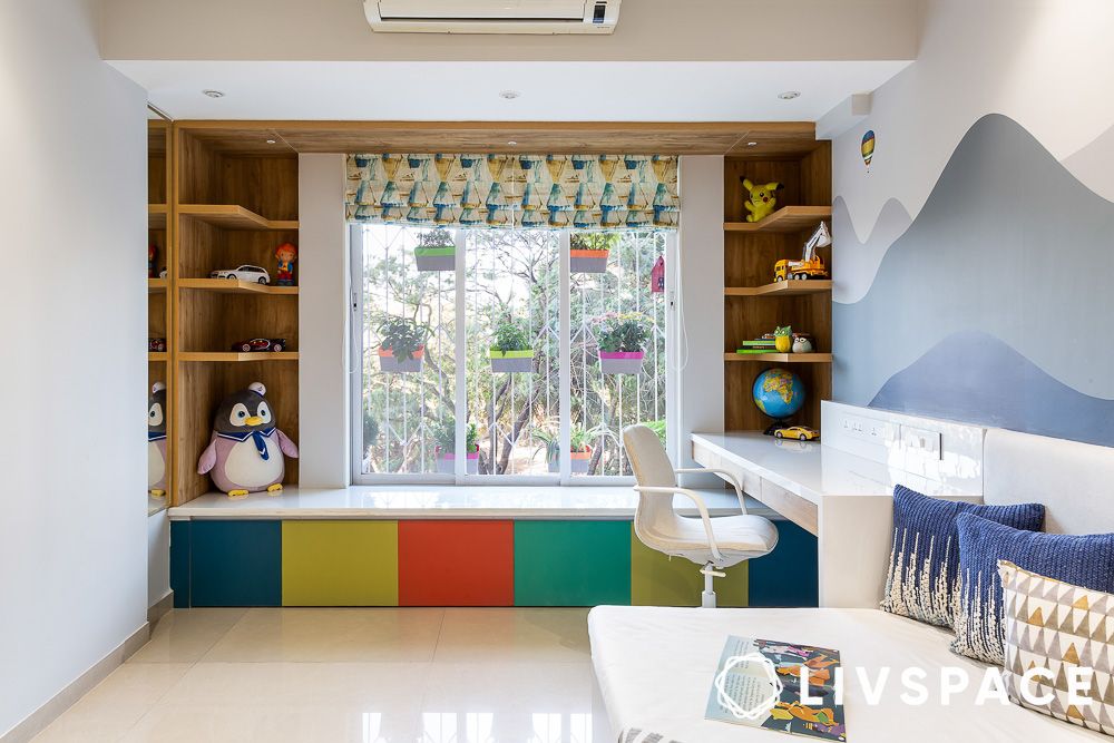 floating wooden shelves flanked on a huge window with seating