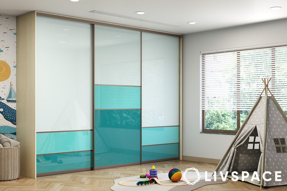 luxury bedroom wardrobe design with teal and blue colours