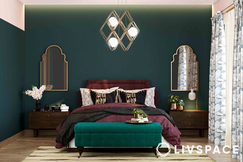 emerald green bedrooms with metallic decor