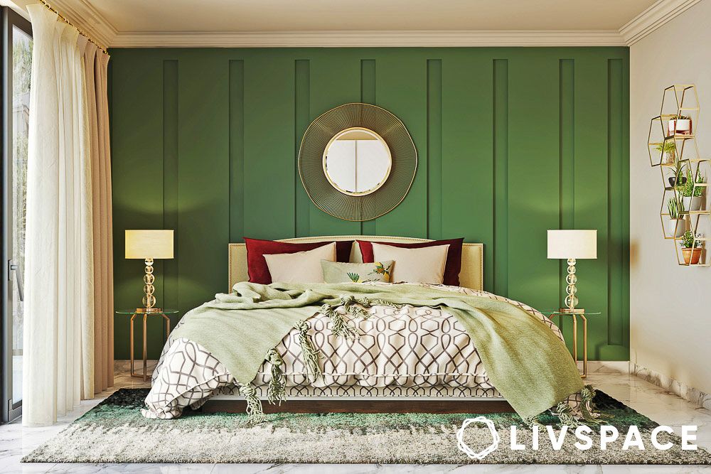 avocado green bedroom walls with wainscotting details