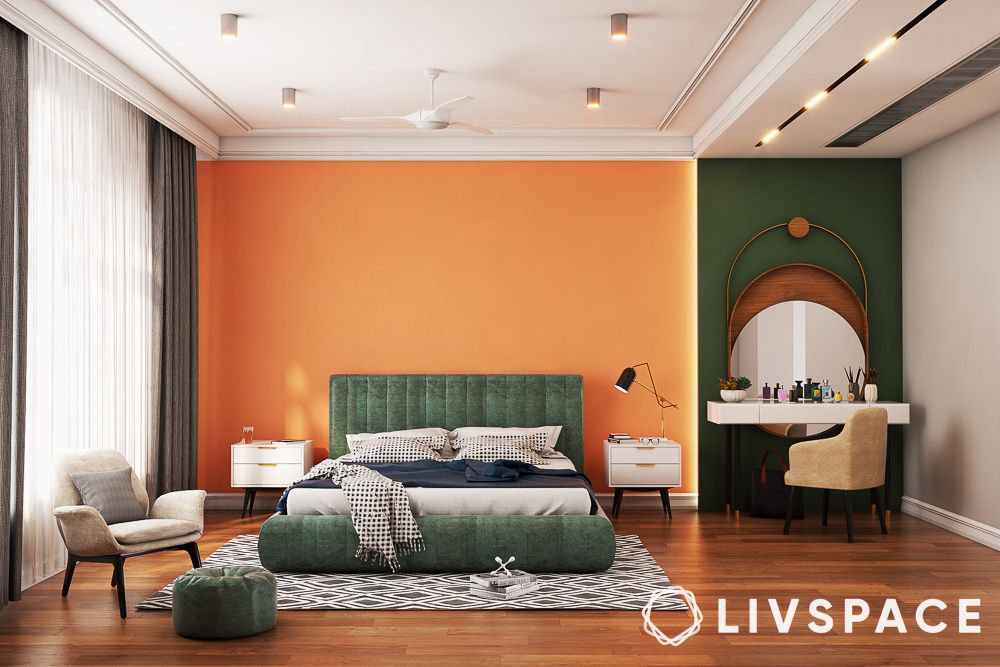 olive green bed in a orange and green bedroom