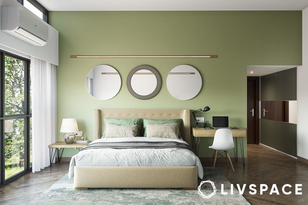 modern green bedroom ideas with mirror decor