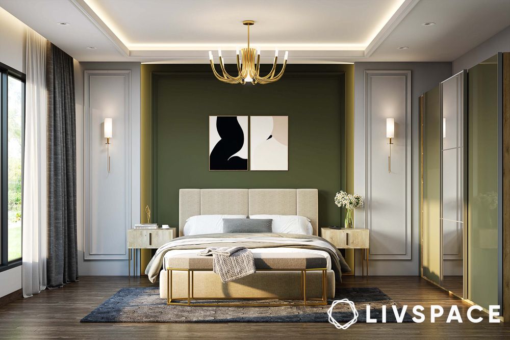 green accent wall and wardrobe in a bedroom