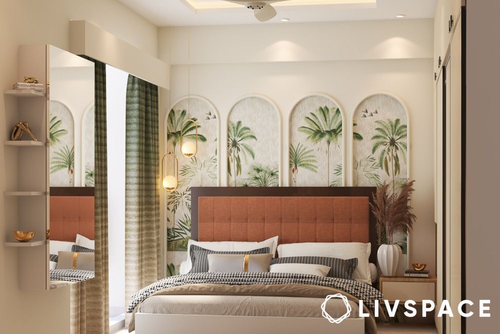 green bedroom ideas with tropical arch panels