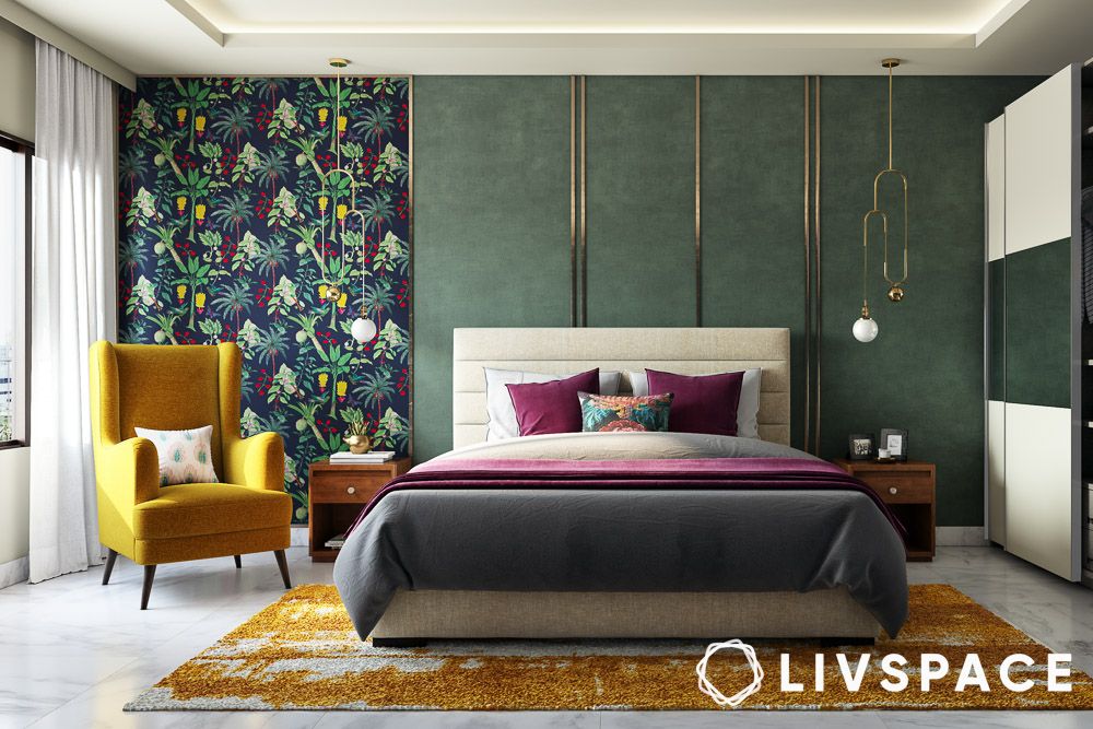green tropical wallpaper in bedroom