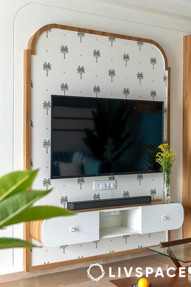 wallpaper accent behind tv unit