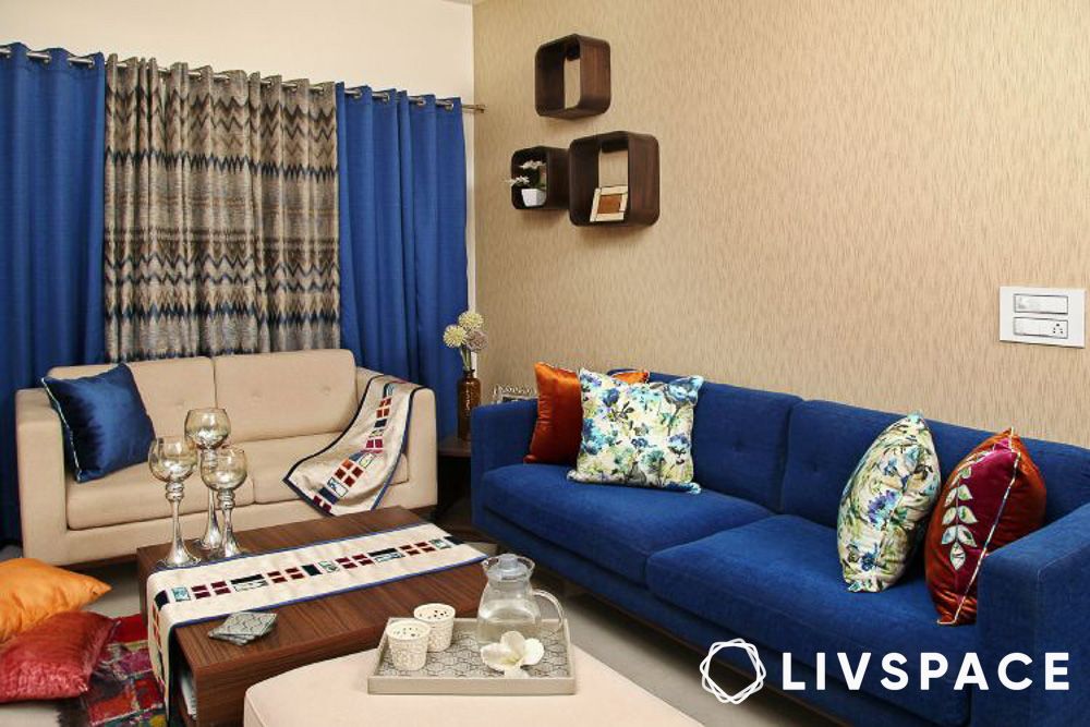 blue and wood combo for living room