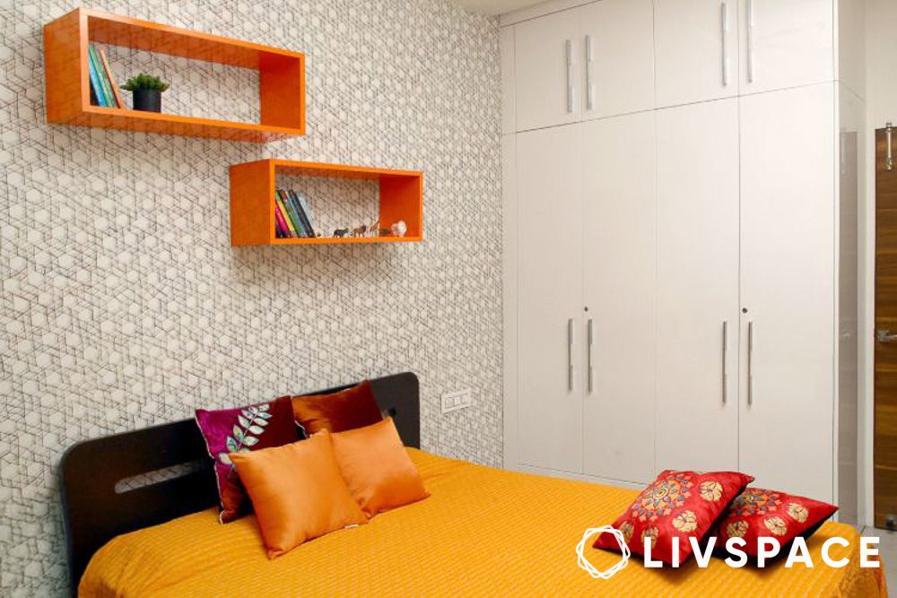 bedroom decor with floating shelves