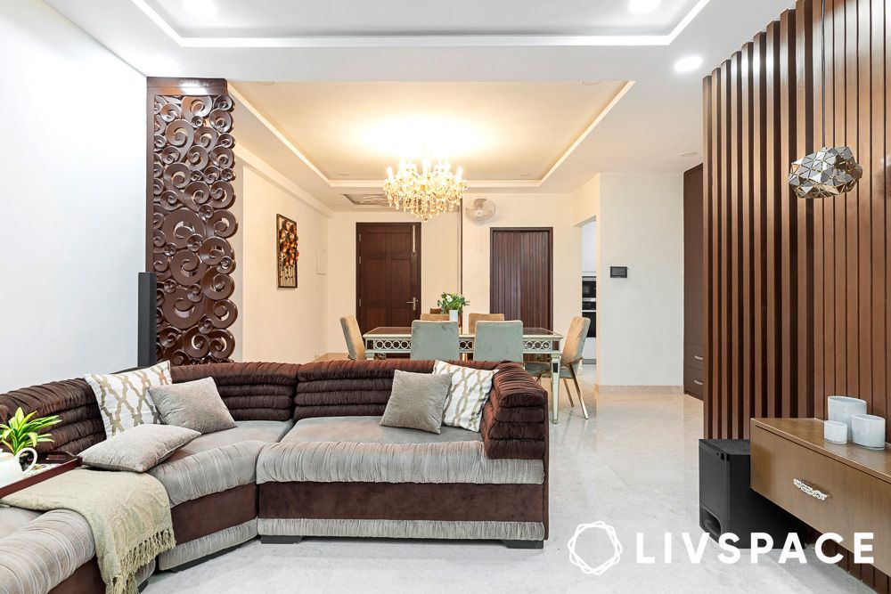 unique living room partition design with carved wood
