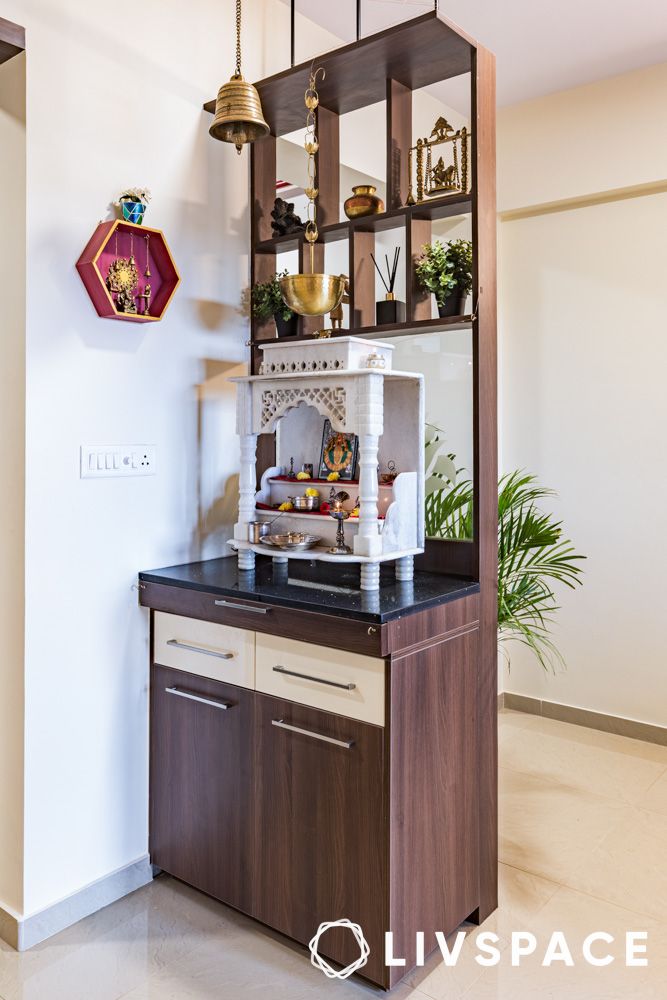 wooden pooja unit in living room