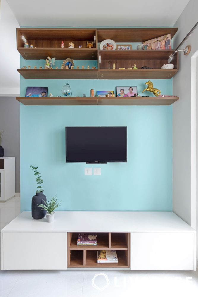 tv unit design with wooden shelves
