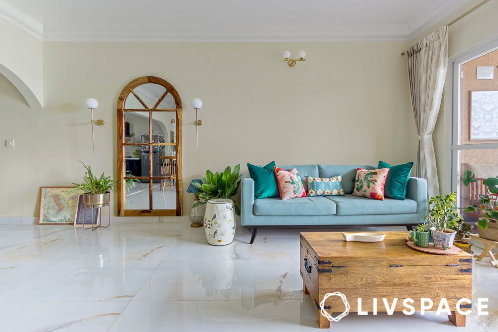 blue sofa design furniture in a bohemian living room