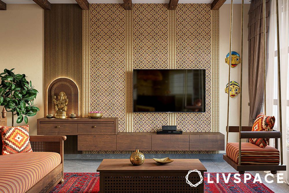 a mandir design merged with the TV unit