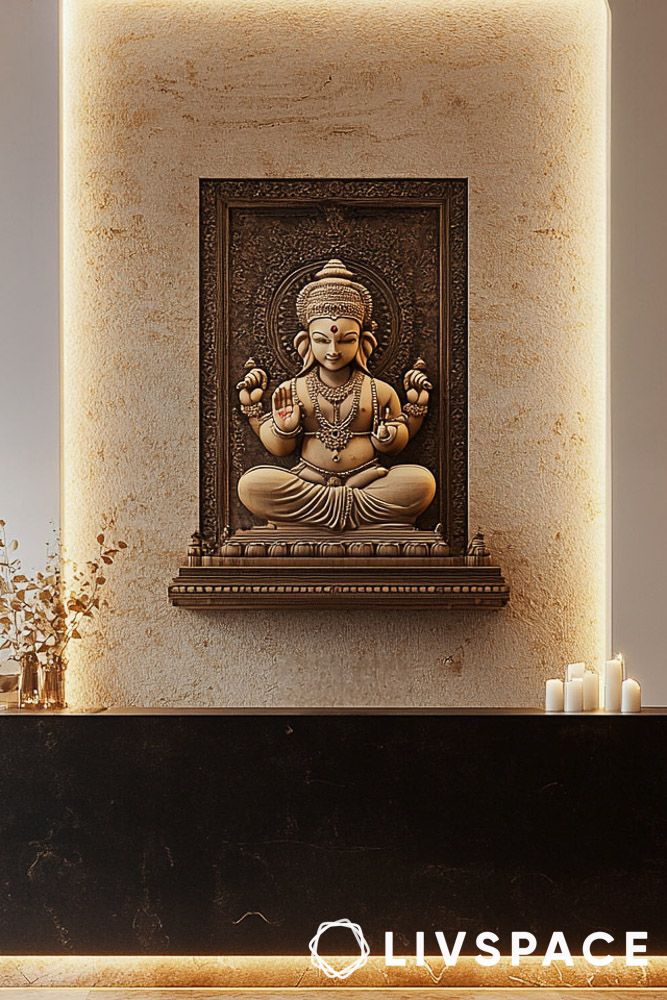 granite minimal pooja unit design with hidden storage and candle accents