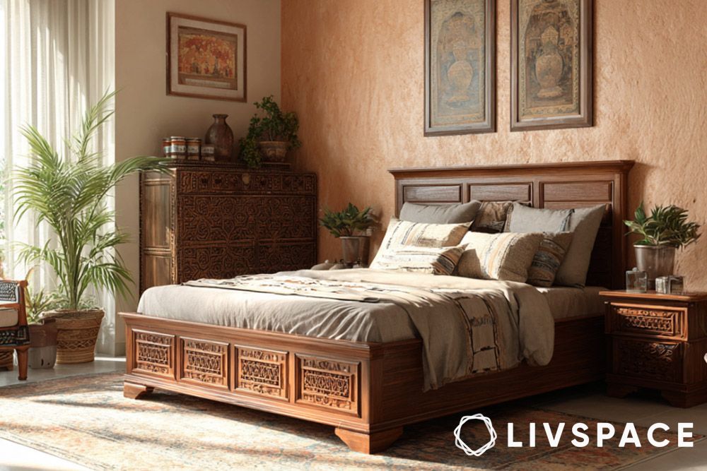rustic bedroom with wooden bed and soft decor