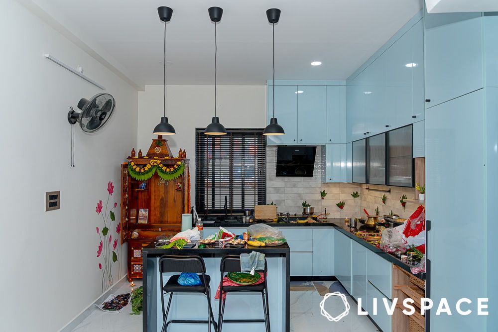 blue modulars in l shaped kitchen layout hyderabad