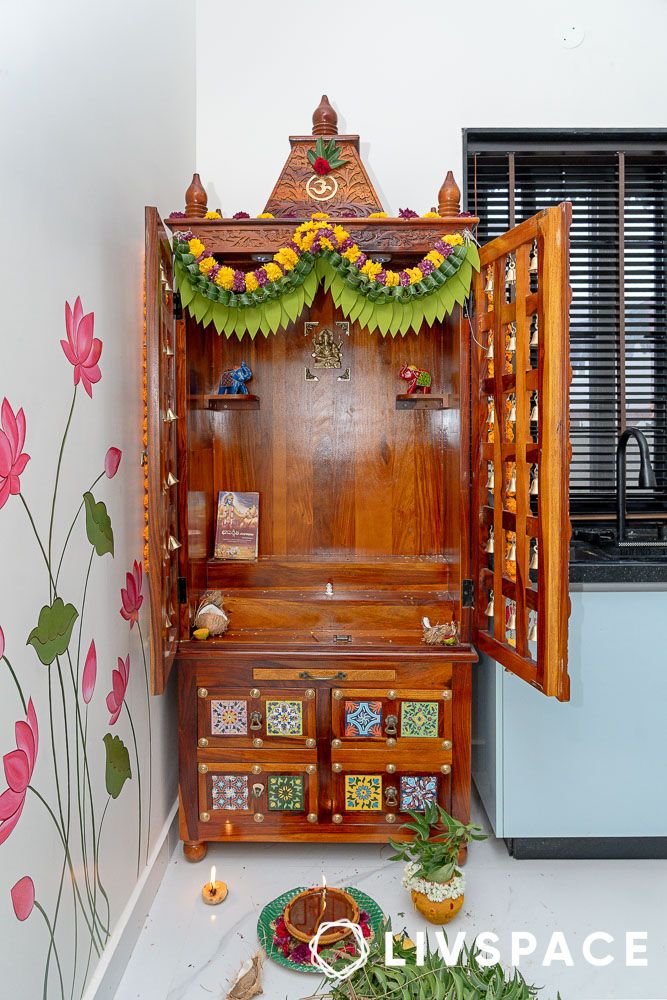3bhk villa interiors in isha blooms venture hyderabad wooden pooja unit