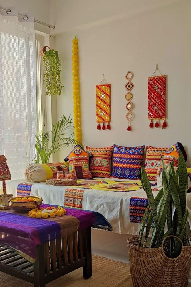 diwali decoration ideas colourful cushions in living room