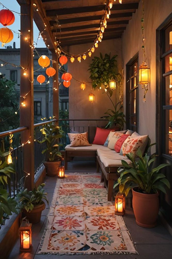 diwali decoration tips 2025 lanterns lights and colourful cushions in balcony