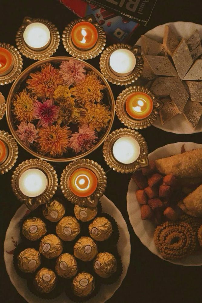 flowers sweets and lights for diwali decoration