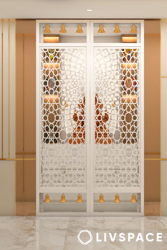 white jali patterns on cnc cut doors for pooja room