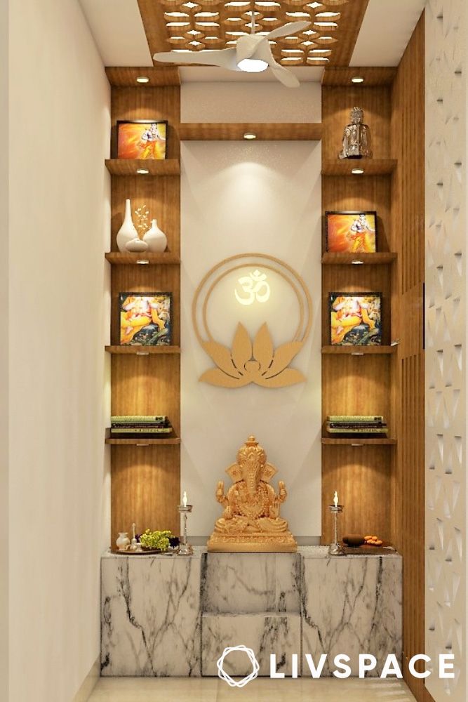 contemporary mandir unit design with CNC cut floral false ceiling