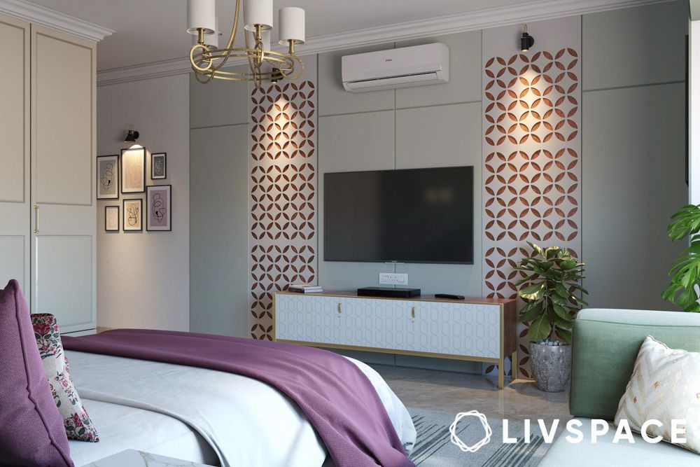 contemporary white TV unit design with CNC cut grey panel