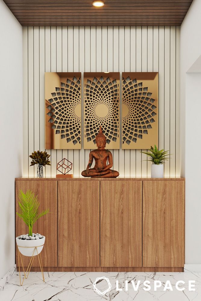 compact foyer design with wooden storage and CNC cut panels