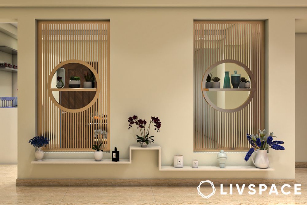 contemporary foyer design with vertical jaali patterns