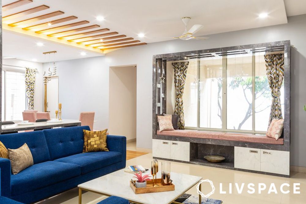 gypsum false ceiling with wooden slats