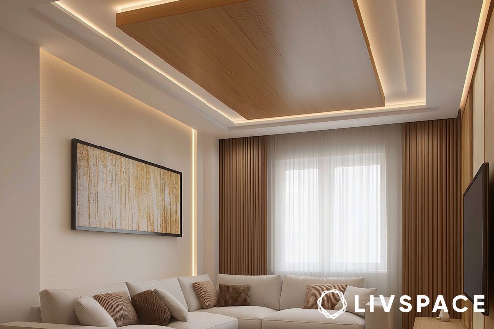 double layer contemporary false ceiling design with gypsum and wood and cove lights