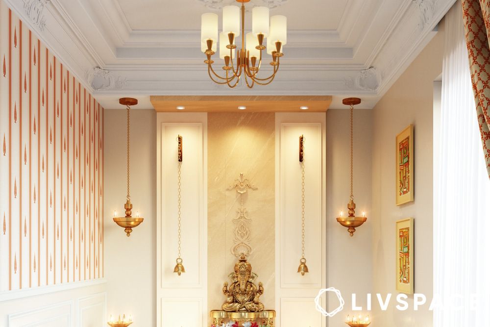 multilayered stucco gypsum tile ceiling for pooja room