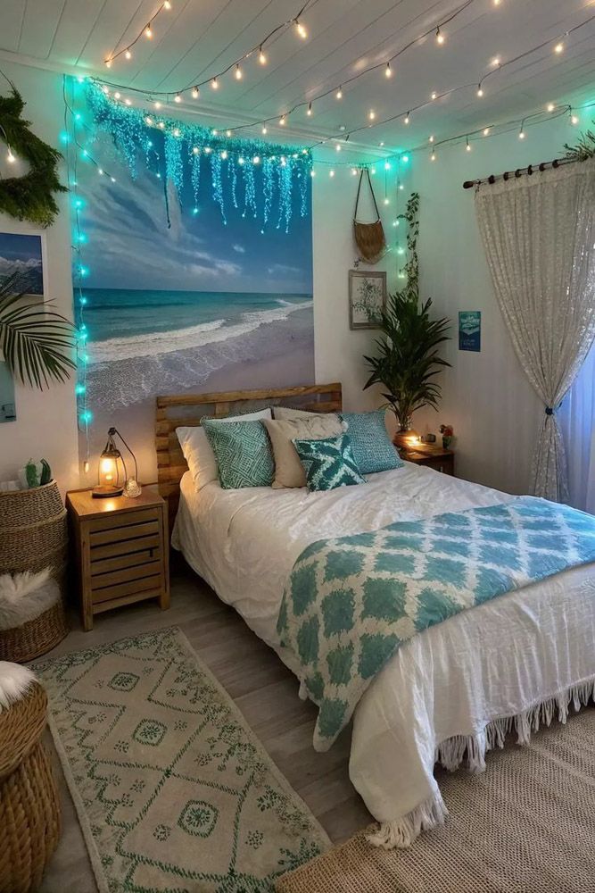 coastal design bedroom with fairy lights