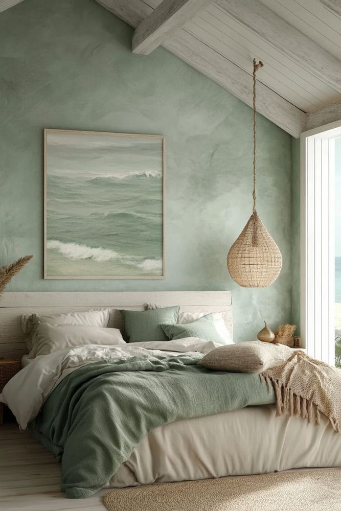 Light filled summer bedroom with whitewashed furniture and decorations