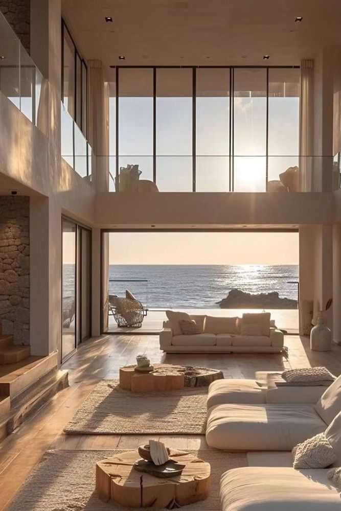 Beach house interior featuring nautical blue accents and natural light