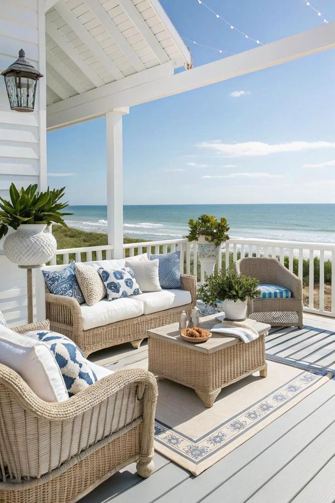 Coastal deck featuring white railing and comfortable outdoor seating
