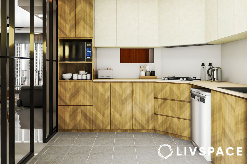 modular kitchen design with curved storage