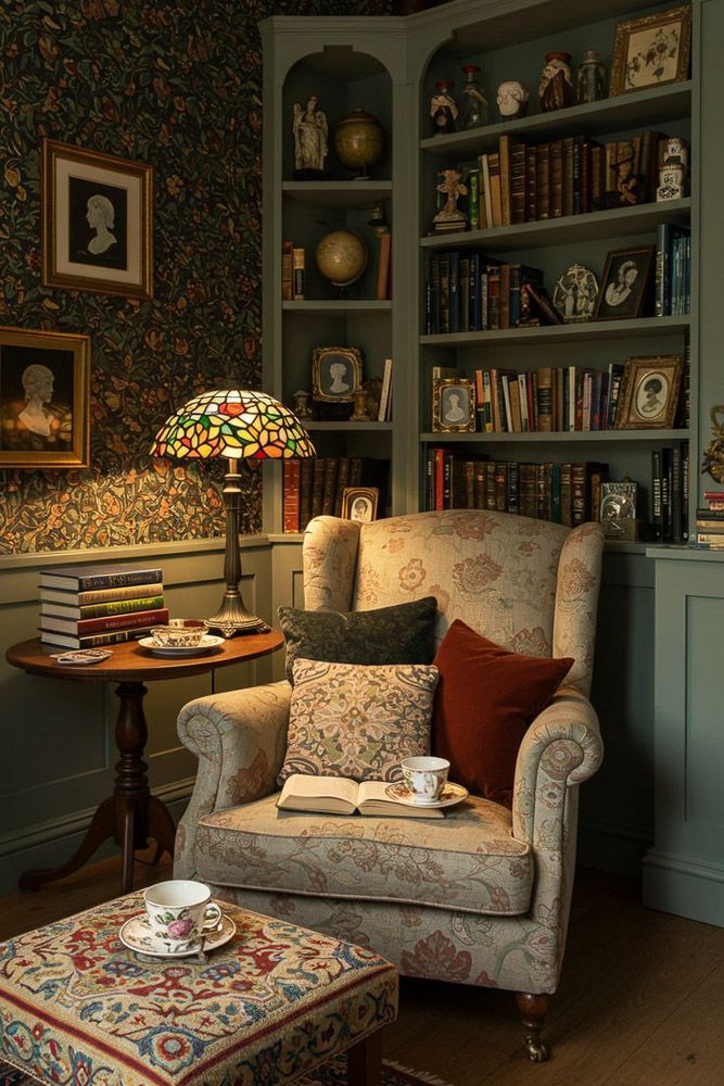 Grandmillennial style interior with floral prints and modern furniture